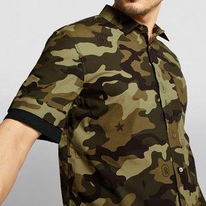 NEIL BARRETT MENS OLIVE CAMO LIGHTNING BOLT STAR PRINTS BUTTON UP S/S SHIRT MED